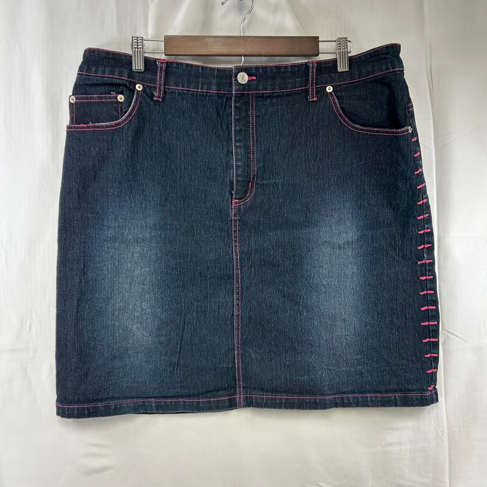 Zoey Beth Denim Skirt Womens 1X Dark Blue Pink Contrast Stitch Y2K C6114XF